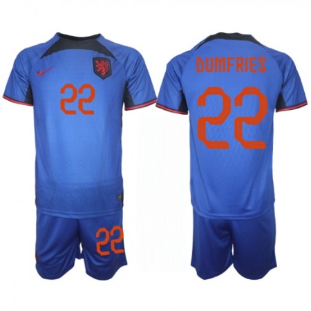 Virallinen pelipaita Alankomaat Denzel Dumfries 22 Vieras World Cup 2022 Lyhythihainen - Lasten ( + Lyhyet housut )